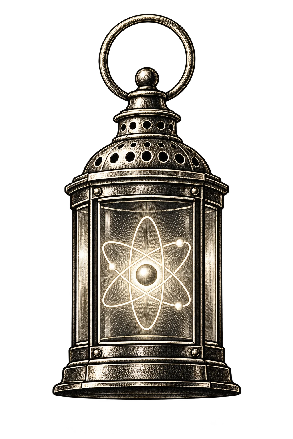 Lantern of knowledge with an atom emblem